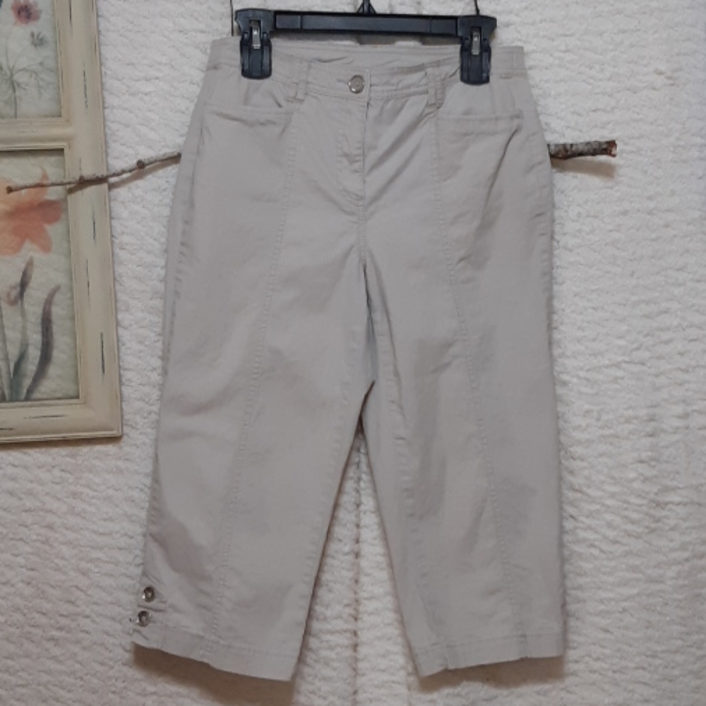 Womens Capris Sz 10 petite short Pants Ran Neutral Mud Rise b32